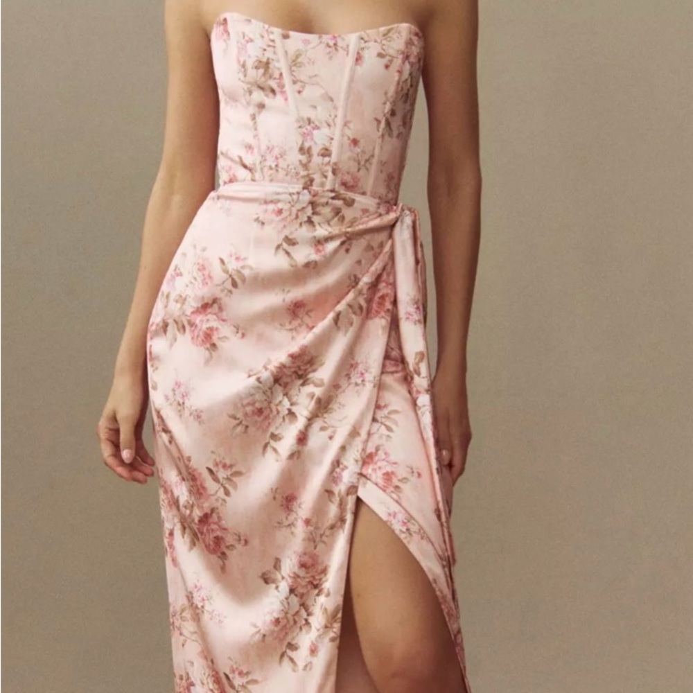 V. Chapman Strapless V. Chapman June Printed Corset Front-Slit Satin Gown